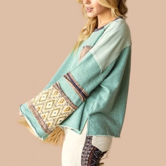 New In Mineral Washed Vintage Look Mix Fabric Pullover
Boho Sweater - Picture 4 of 6